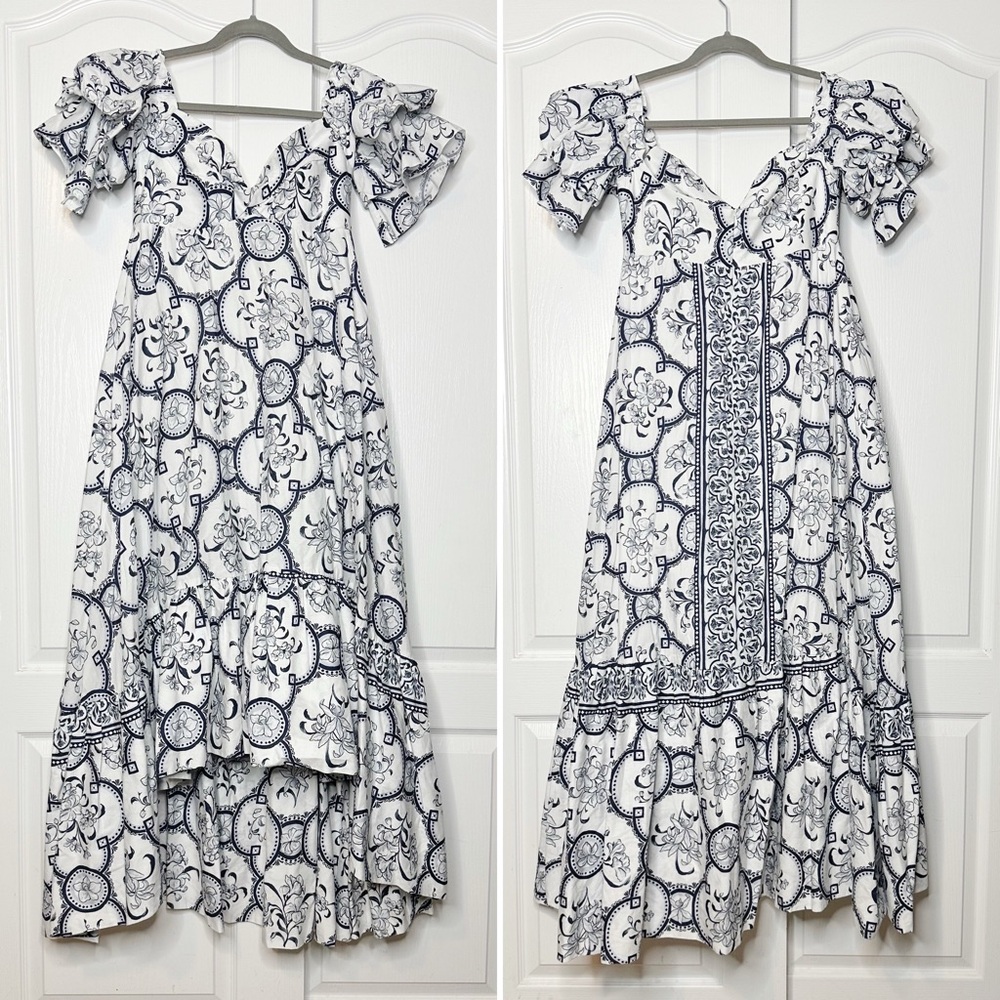 Andres Otalora Raquira Off-Shoulder Floral Tile Maxi Dress Blue White Size 4 - Picture 10 of 12